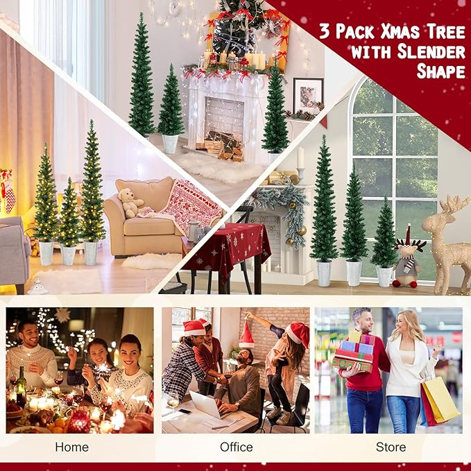 GOFLAME Set of 3 Pre-Lit Potted Christmas Trees, Artificial Pencil Christmas Tree Set 3Ft, 4Ft and 5Ft with Warm White LED Lights, Timer, Holiday Decoration Tree for Home Party