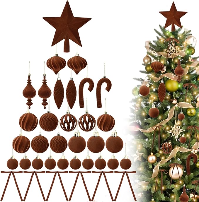 80Pcs Velvet Star Topper & Ornaments for Christmas Tree Decorations - 1 Topper Star, 2 Candy Canes, 27 Flocked Shatterproof Balls and 50 Bows (Brown)