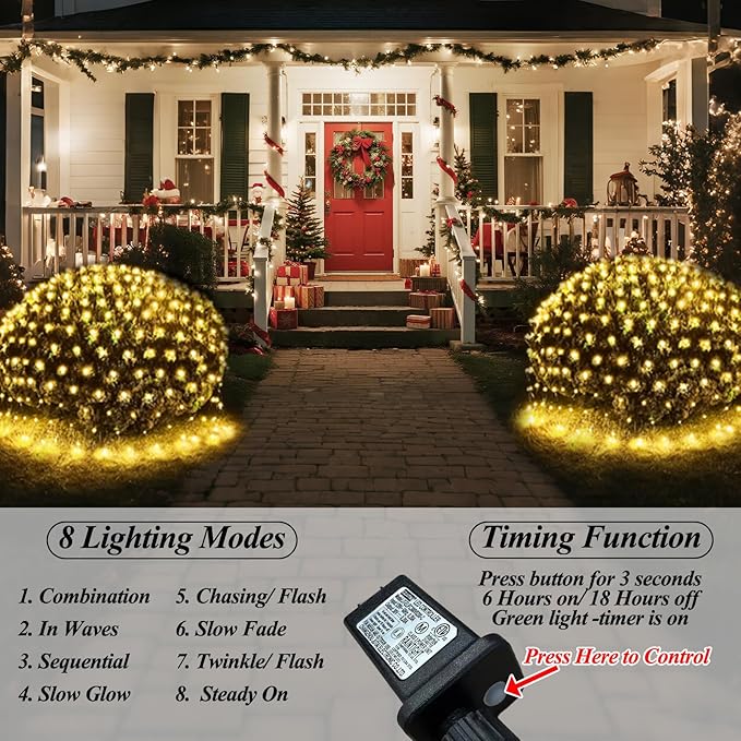 OYCBUZO 360LED Net Lights, 21ft x 5ft Connectable Christmas Outdoor Mesh Lights with Timer & 8 Lighting Modes, Waterproof String Light Plug in for Xmas Tree Bushes Garden Holiday Party - Warm White
