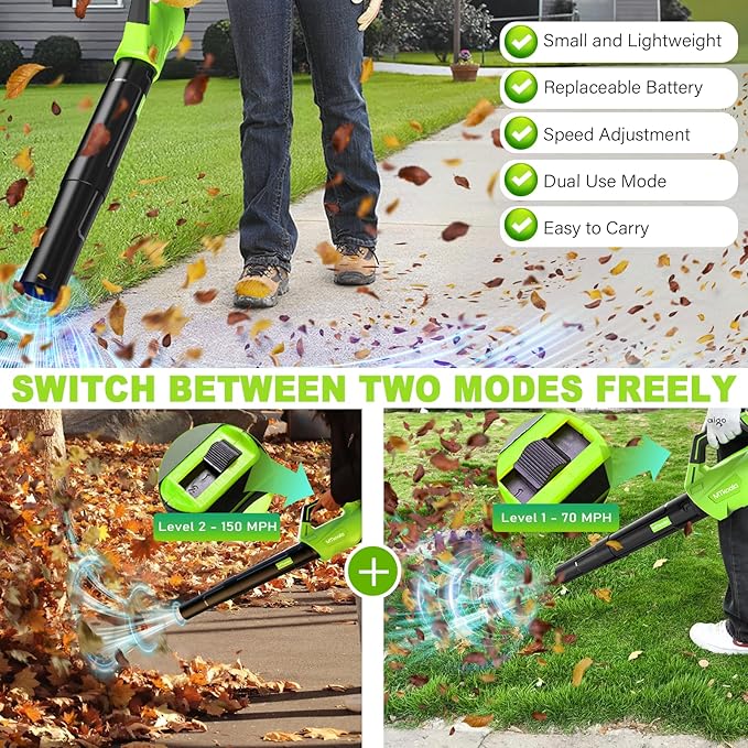 2026 Upgrade Leaf Blower, Leaf Blower Cordless with 2 * 2.6AH Batteries and Fast Charger, 450CFM &150MPH and 2 Speed Mode, Lightweight Electric Leaf Blowers for Lawn,Yard, Leaves, Dust,Snow Care