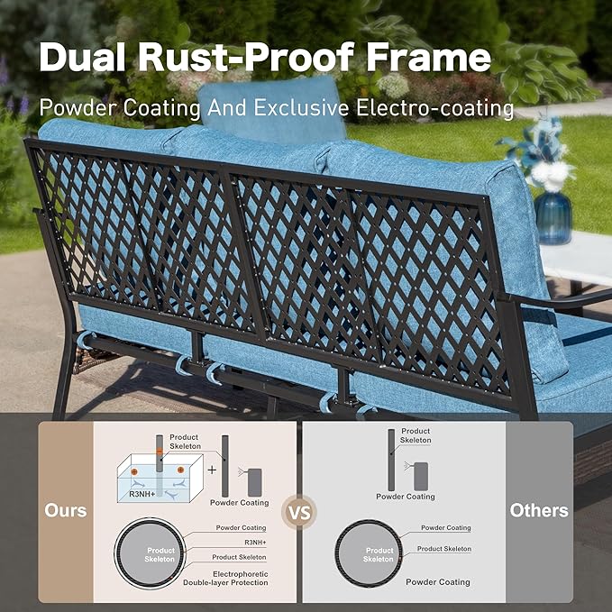 4 Piece Metal Outdoor Patio Furniture Sets with Firepit Table, Patio Conversation Sets 1 3-Seater Sofa, 2 Rocking Sofa with 5.75" Thick Cushion Backyard Furniture for Deck, Denim Blue