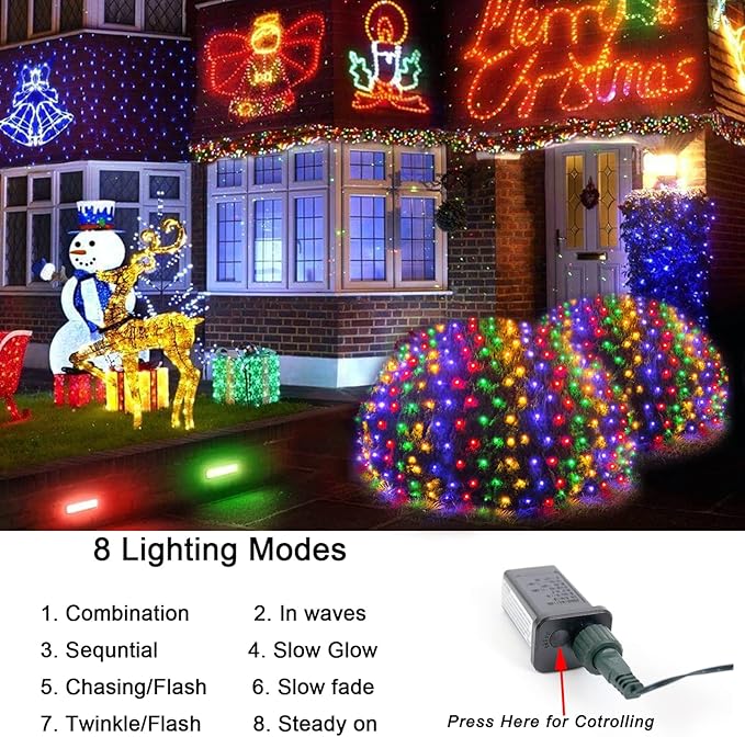 OYCBUZO 360LED Colorful Christmas Net Lights, 21ft x 5ft Connectable String Mesh Lights 8 Modes, Waterproof Christmas Light Outdoor for Xmas Tree Bushes Garden Holiday Party - Multicolour