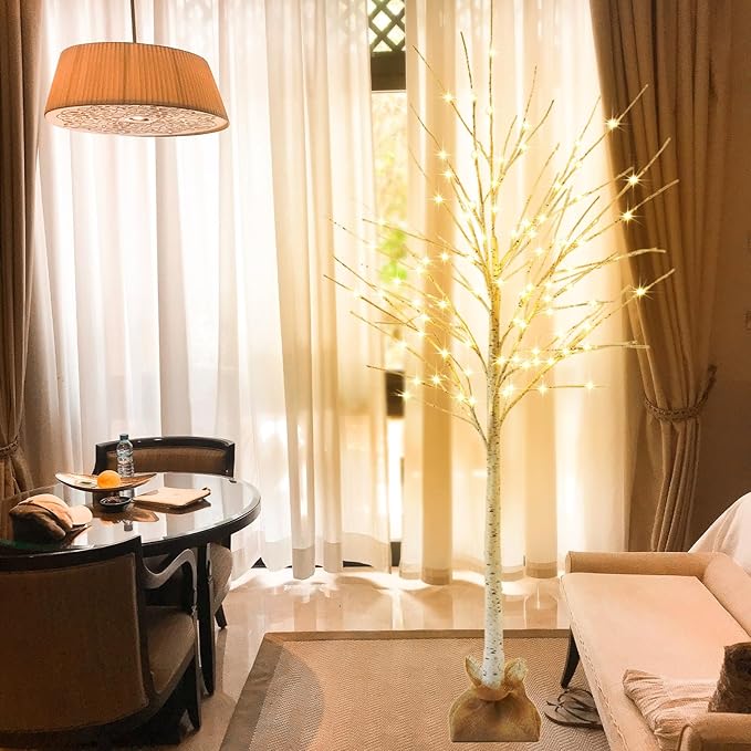 Lighted Brich Tree, 6FT 128 LED Christmas Tree with Burlap Decor, Warm White, IP44 Waterproof, Power Supply by Adaptor, Fireplace Party Wedding Halloween Christmas New Year's Decoration