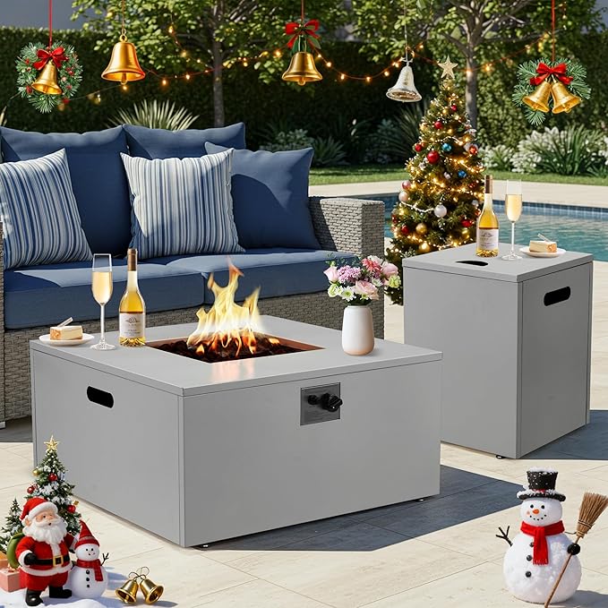 ECOTOUGE 2 Piece 32 Square Propane Fire Pit Table wirh Tank Holder, 50,000 BTU Outdoor Gas Fire Pit with Lid, Steel Fireplace w/Weather Cover, Lava Rocks for Patio, CSA Certified, Grey