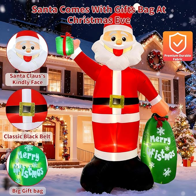 12FT Giant Christmas Inflatable Santa Claus with LED Lights and Gift Bag, Outdoor Blow Up Decorations for Yard, Indoor Holiday Party, Built-in Lights, Weatherproof, Includes Stakes & Sandbags