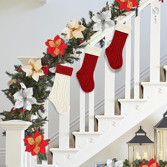 Personalized Christmas Stockings - 18 Inches Large Size Hanging Knitted Stockings for Fireplace, Christmas Tree and Family Holiday Decorations (Ivory/Burgundy, Pack of 2)