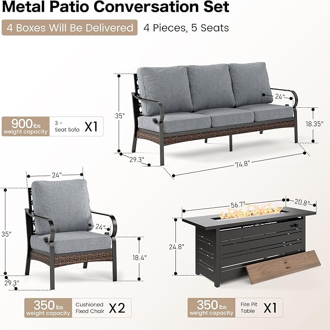 4 Piece Black Metal Outdoor Patio Furniture Sets with Firepit Table, Patio Conversation Sets 1 3-Seater Sofa, 2 Single Sofa with 5.75" Thick Cushion Backyard Furniture for Deck, Gray