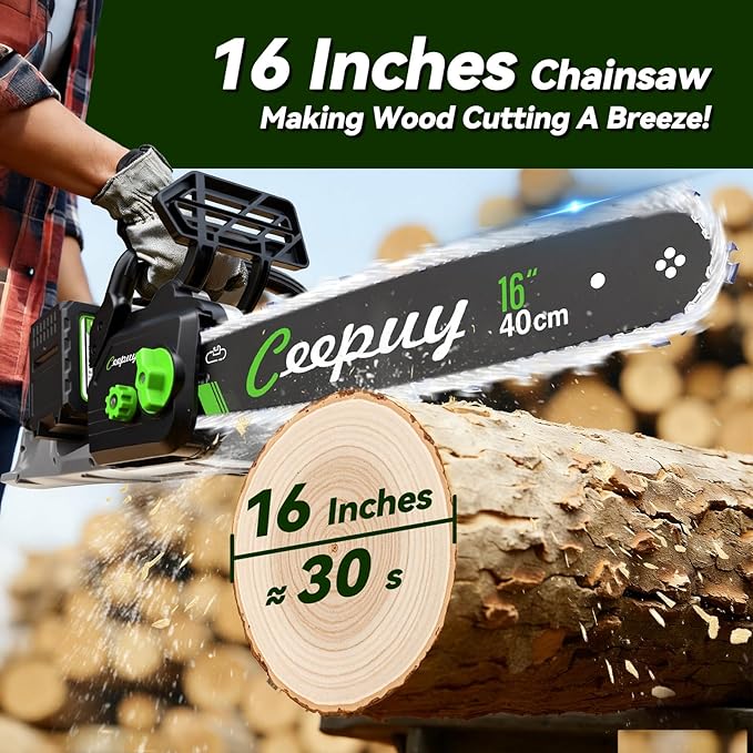 16-inch Electric Chainsaw Cordless, Handheld Chain Saws with 2 x 4.0Ah Battery, Tree Saw with Tool-free Chain Tension, Auto Oiling for Wood Cutting Trimming Branch