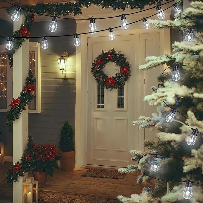 LED Christmas Lights, 50FT Patio Lights with 16Pcs Shatterproof S14 Bulb(1 Spare), 4 Lighting Mode, Connectable, Waterproof White Edison Plastic Bulb Hanging Light for Yard Gazebo Porch Décor