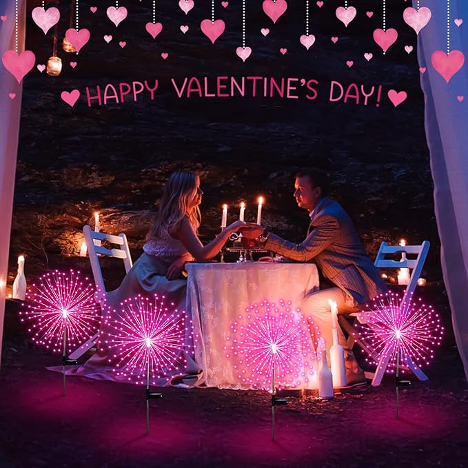 6 Pack Pink Christmas Solar Firework Lights 180 LED 8 Lighting Modes Waterproof Outdoor Decorative Solar Lights for Xmas Wedding Valentine Birthday Garden Patio Yard Pathway Walkway Lawn Decor