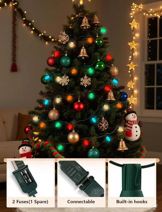 C9 LED Multicolor Christmas Lights Outdoor, 25Ft C9 Vintage Christmas Lights Waterproof with 26 LED Colorful Bulbs, Outdoor Christmas Decorations String Lights for Patio Garden Roofline Holiday Party