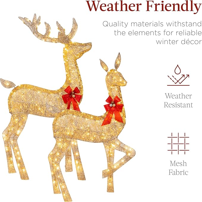 Best Choice Products 3-Piece Large Lighted Christmas Deer Family Set 5Ft Outdoor Yard Decoration with 360 LED Lights, Stakes, Zip Ties - Gold