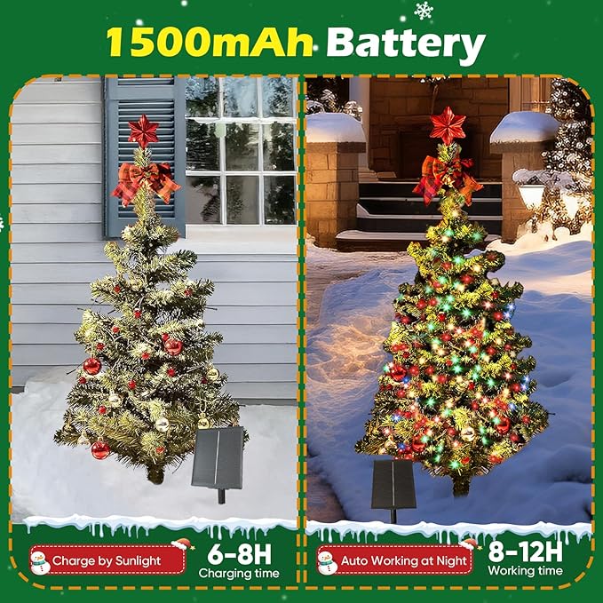 2-Pack 3.2FT Solar Christmas Tree Lights Outdoor Waterproof, 100LED 8 Lighting Modes Xmas Ball & Red Berry Outdoor Christmas Tree, Christmas Decorations Outdoor for Holiday Display Courtyard Decor