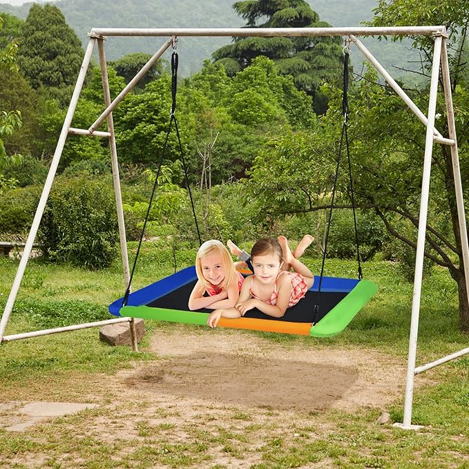 Costzon 700lb Giant 60'' Platform Tree Swing for Kids and Adults, Wear- Resistant Indoor/Outdoor Rectangle Swing with Durable Steel Frame and 2 Hanging Straps for Porch, Backyard (Multicolor)