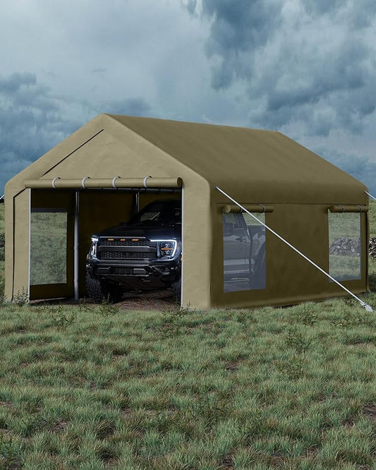 13X20 FT Portable Carport Garage with Roll-Up Windows & Doors, Heavy-Duty 200g PE Tarp, Waterproof & UV Protected Outdoor Shelter for Car, Boat, Truck, Motorcycle