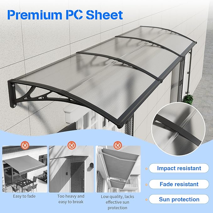 Awning for Door Entrance,32x40 in Window Awnings for Doors Canopy Polycarbonate Cover Patio Door Awning UV Rain Snow Sunlight Protection Hollow Shee
