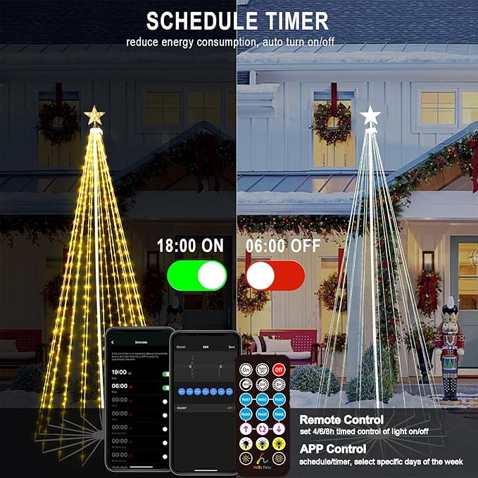 8FT 372LEDS Outdoor Christmas Tree Lights, Smart Cone Tall Pop Up with Star, Timer, Waterproof, APP & Remote, Music Sync, Multicolor/WarmWhite, Outside Xmas Yard Porch Decor