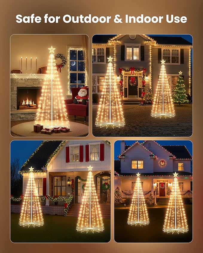LED Christmas Cone Tree Light with Star Topper, 6ft 265 LED Outdoor Lightshow Christmas Tree with 8 Modes Timer Remote, Dimmable Artificial Tree for Porch Yard Patio Indoor Decorations, Warm White