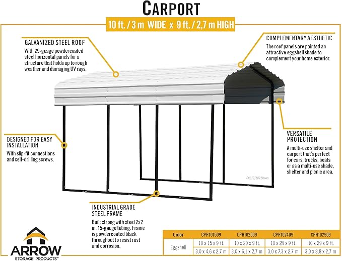 Arrow Shed 10' x 15' x 9' Galvanized Steel Multi-Purpose Shade and Shelter Carport, Eggshell Finish