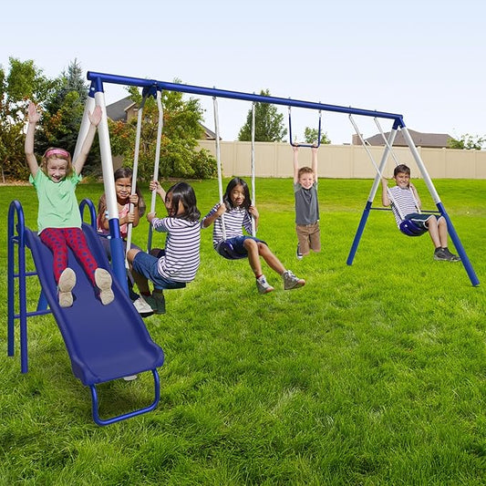 Sportspower Arcadia Metal Swing Set for Kids – Trapeze, 2-Person Glider, 5ft Slide, Anchor Kit, 6.1' Durable Steel Frame – Outdoor Backyard Playset with 600 lb Capacity
