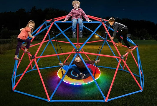 Hapfan Climbing Dome Swing Set with LED Saucer Swing, Jungle Gym for Kids Outdoor Backyard, Supports 800lbs, Easy Asssembly, Rust-Resistant Outdoor Playset for Ages 3-8 8-12