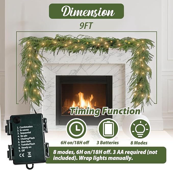 9 Ft Norfolk Pine Garlands, Real Touch Winter Pine Garland, Dense Green Artificial Greenery Garland for Table, Mantle, Staires, Wall, Indoor, Outdoor Christmas Decorations