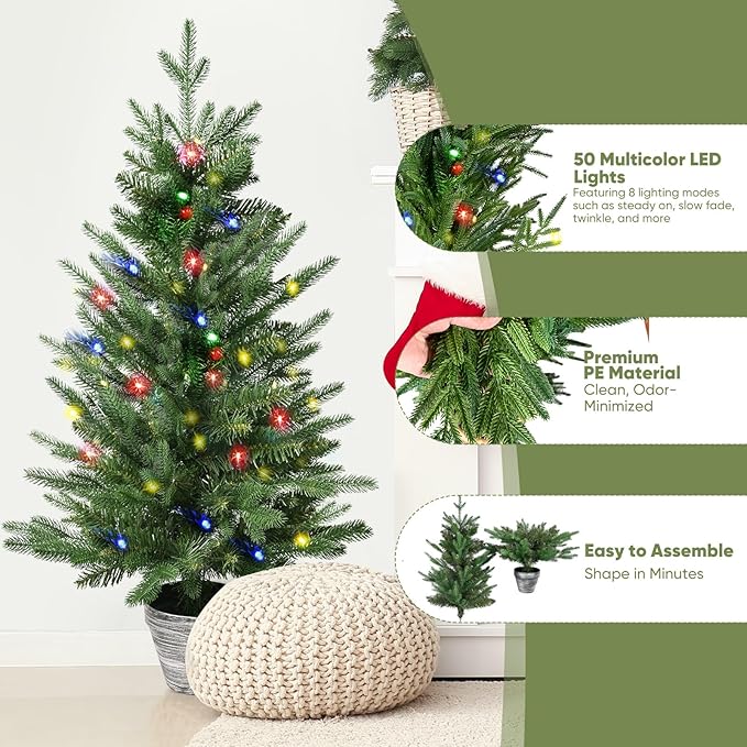 3FT Pre-Lit Christmas Tree, 2-Packs PE Branchs Xmas Tree with Color LED Lights, 8 Modes with 60 Led Lights，Artificial Christmas Trees for Holiday Decoration