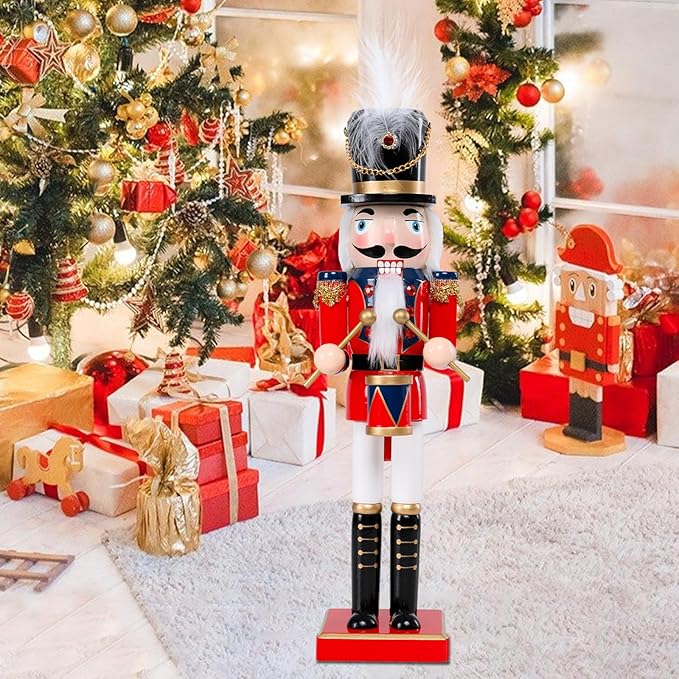Christmas Nutcracker Decorations Nutcracker Figure 15 Inch Wooden Nutcrackers Collectible Ornament Nutcrackers Soldier for Table Desktop Home Christmas Decor Xmas Indoor Decor red Blue Beat a Drum