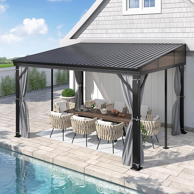 GARTOO 10' x 12' Lean to Hardtop Gazebo for Patio - Aluminum Frame Gazebos Pergola with Sloping Metal Roof, Outdoor Wall-Mounted Canopy Awnings to House for Patio, Garden, Lawn, Backyard Deck