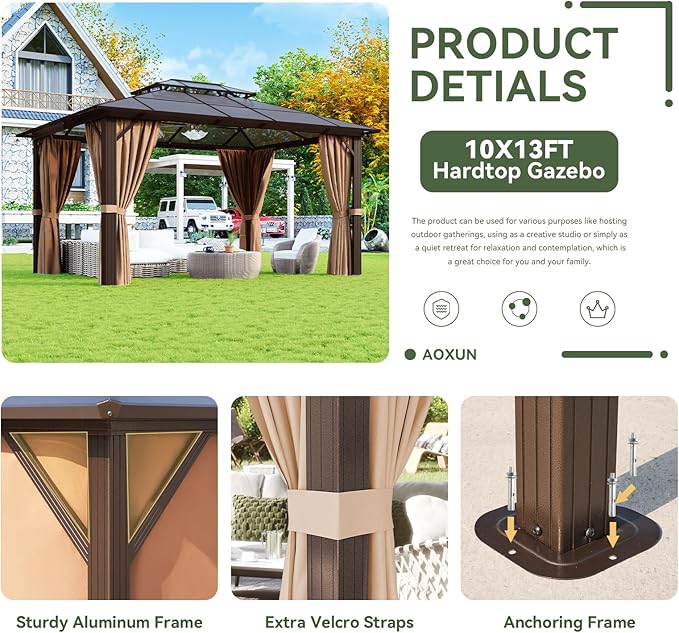 Aoxun 10'x13' Hardtop Gazebo, Aluminum Frame Permanent Pavilion with Curtains and Netting, Outdoor Polycarbonate Gazebo, Double Roof Canopy, for Gardens, Patios, Lawns