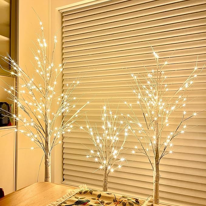 Set of 3 Lighted Birch Tree 4FT 5FT and 6FT, Higher Size, Timer Function Birch Christmas Tree with 144 LED Warm White Lights for Indoor Christmas Decorations Outdoor Yard Garden Home Bedroom Party