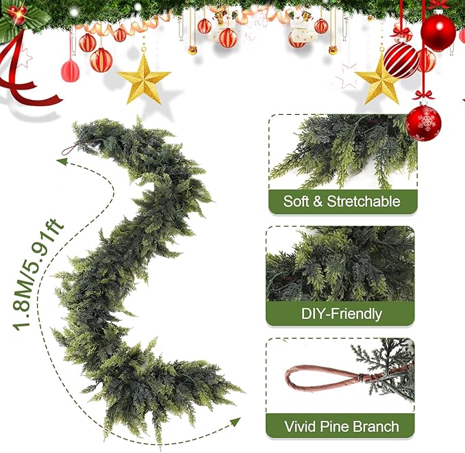 Norfolk Pine Christmas Garland - Real Touch Pine Garland, Green Artificial Greenery Garland for Holiday, Fireplace, Mantle, Window, Stairs, Indoor, Outdoor Décor (180cm - Encrypted B)