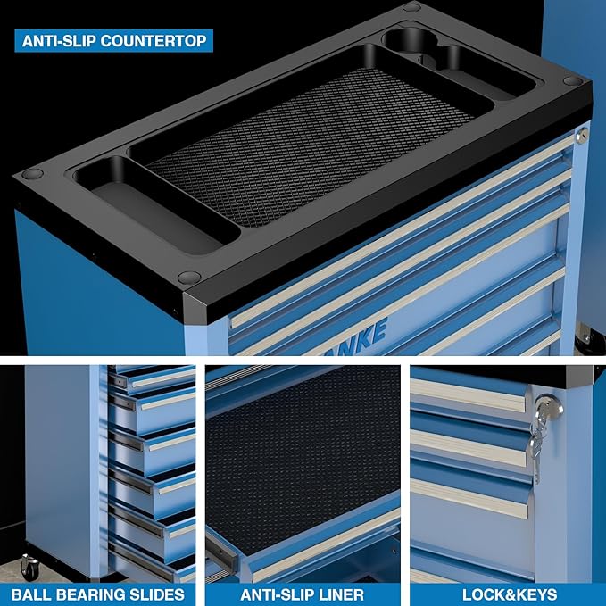 LARBANKE 7-Drawer Rolling Tool Chest with Lock&Keys and Swivel Casters,Tool Chest with Multi-Sizes Drawers and Multifunctional Countertop,Special Connect Rods for Connection with 5-Drawer Tool Cabinet