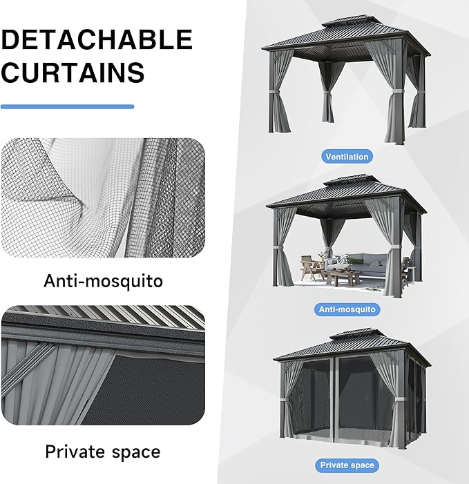 10x12 FT Gazebo Hardtop Gazebo, Aluminum Pergola with Double Galvanized Steel Roof, Curtains and Netting Included, Outdoor Gazebos Canopy for Patio, Backyard, Deck, Lawn,Grey
