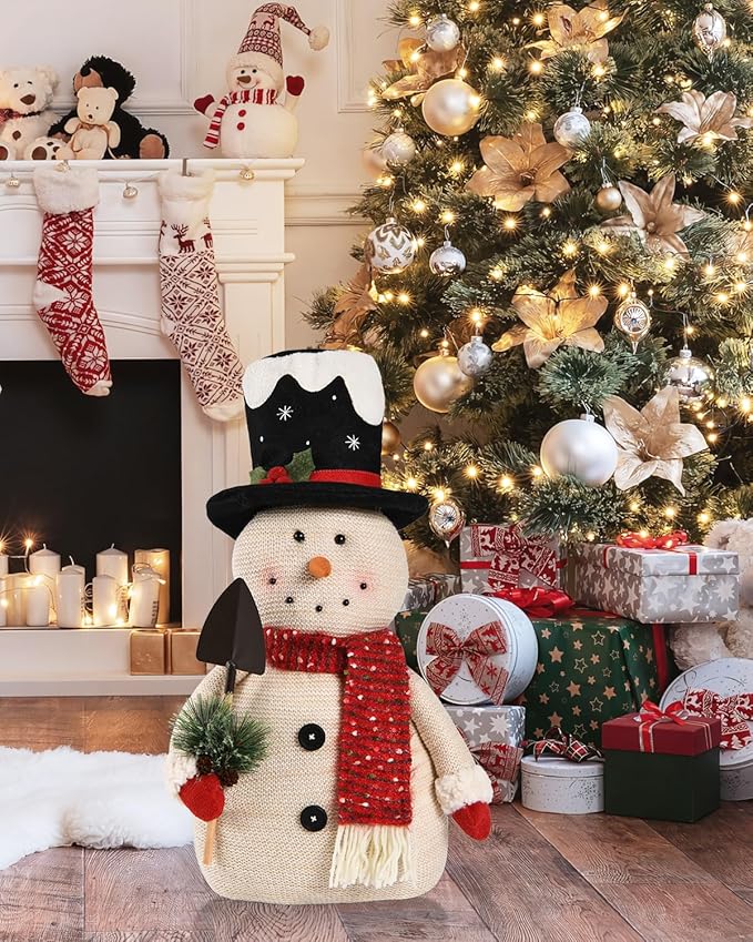 2025 Christmas Animated Snowman Decorations with Black Hat, Xmas Handmade Plush Ornaments for Indoor, Home, Bedroom Living Room and Holiday, Present for Family and Friends