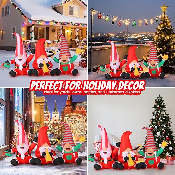Christmas Decorations Inflatables Outdoor, 7.55FT Long Gnome Xmas Blow Up Built-in LED Lights with Trumpets, Stars and Gift Box Holiday Decor for Garden Lawn Yard Patio Bistro Indoor