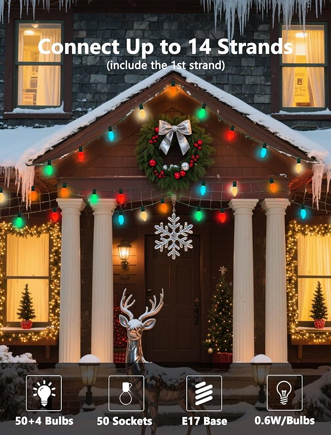 Vintage C9 LED Christmas Lights Outdoor, 50Ft C9 Multicolor Christmas String Lights with 52 Shatterproof LED Bulbs, Hanging Patio Lights for Backyard Roofline Garden Party Pathway Xmas Decorations