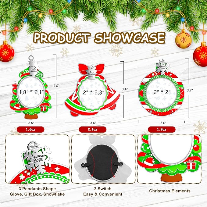 MGparty 3 Pack Christmas Picture Frame Ornaments Xmas Metal Hanging Photo Frame with Pendants 2025 Holiday Keepsake Gifts Christmas Tree Decorations
