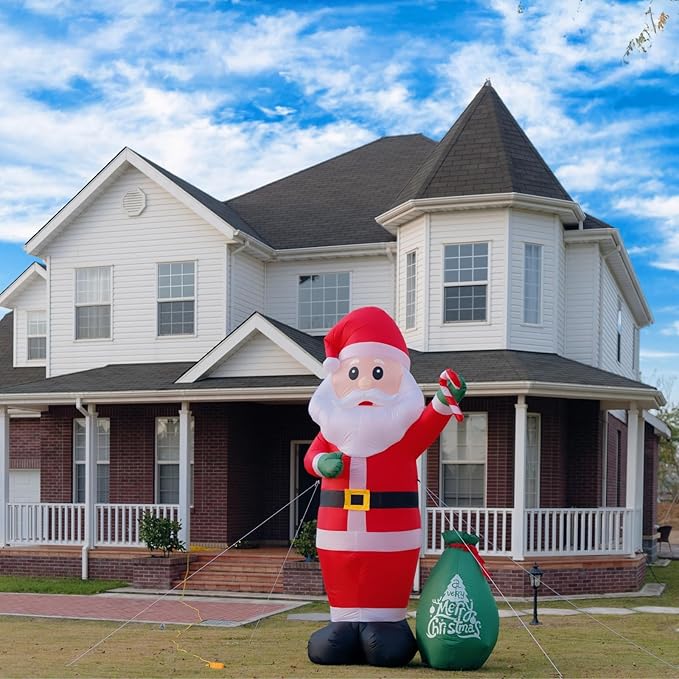 12FT Giant Christmas Blow Up Santa Claus Outdoor Decorations, with Cane Candy & Gift Bag, Built-in LED Lights, Christmas Inflatable Decors, Easy Setup for Outdoor Yard Lawn Holiday Decoration