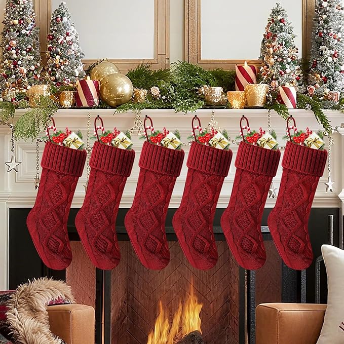 Christmas Stockings 18 Inches,Long Knitted Socks Christmas Decoration Hanging Stocking Fireplace Xmas Tree Stocking for Home Family（6P-red）