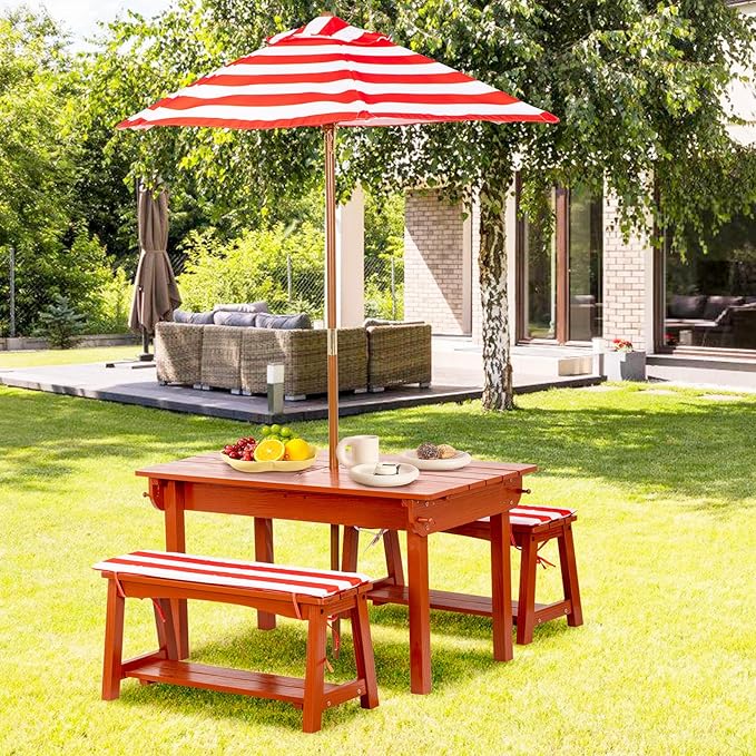 Kids Picnic Table with Umbrella, Outdoor Wooden Table & Bench Set w/Cushions & 2 Removable Boxes, 4-in-1 Children Sand and Water Activity Furniture w/Storage Cover for Patio, Garden