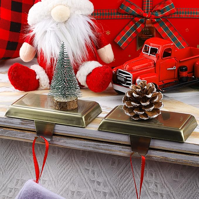 Fovths 4 Pieces Christmas Stocking Holders Bases Metal Mantle Stocking Hooks Fireplace Stocking Hanger Weighted Hanging Hooks for Xmas Holiday Party Decorations, Bronze