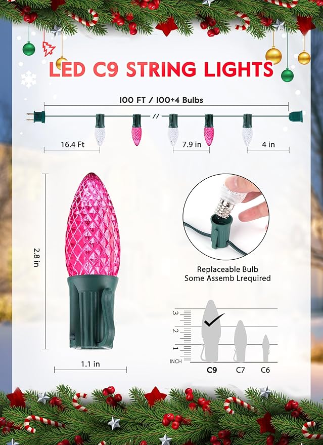 Minetom C9 Christmas String Lights, 100 Ft LED Commercial Outdoor Christmas Lights with 100 Pink and Pure White C9 Bulbs, Waterproof Connectable UL Certified for Indoor Roofline Backyard Xmas Decor