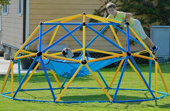 Zupapa 10FT Climbing Dome with Hammock, Outdoor Jungle Gym for Kids, Geometric Dome Climber Supporting 1000LBS Outdoor Play Equipment, Yellow&Blue
