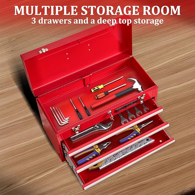 20.3¡° Metal Tool Box with Drawer Portable Steel Tool Box with Protective Liner and Latch Closure and Lock for Garage, Home and Warehouse (Red-3 Drawers)