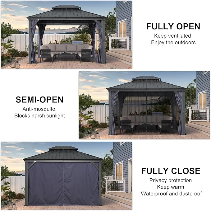 PURPLE LEAF 10' X 12' Hardtop Gazebo Aluminum Gazebo with Galvanized Steel Double Roof for Backyard Patio Lawn and Garden, Curtains and Netting Included, Navy Blue