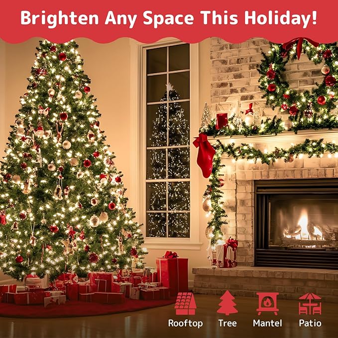 PREXTEX 10 Ft String Lights with Christmas Tree Light Warm White - Indoor/Outdoor Decor - 50 Count Christmas Lights for Holidays - Xmas Light on White Wire - Multi-Strand Connectable