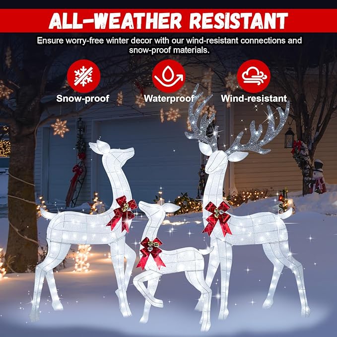 72Inch Light Up Reindeer Outdoor Christmas, 3-Piece 3D Lighted Christmas Deer Family Set with 240 LED Cool White Lights for Yard Patio Lawn Garden Party, White