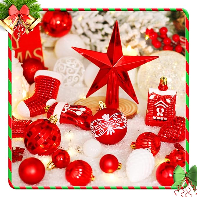 Christmas Tree Ornament Set - 132pcs Red and White Ball Decorations, Shatterproof Hanging Ornaments, Large and Small Assortment for Holiday Party Decor