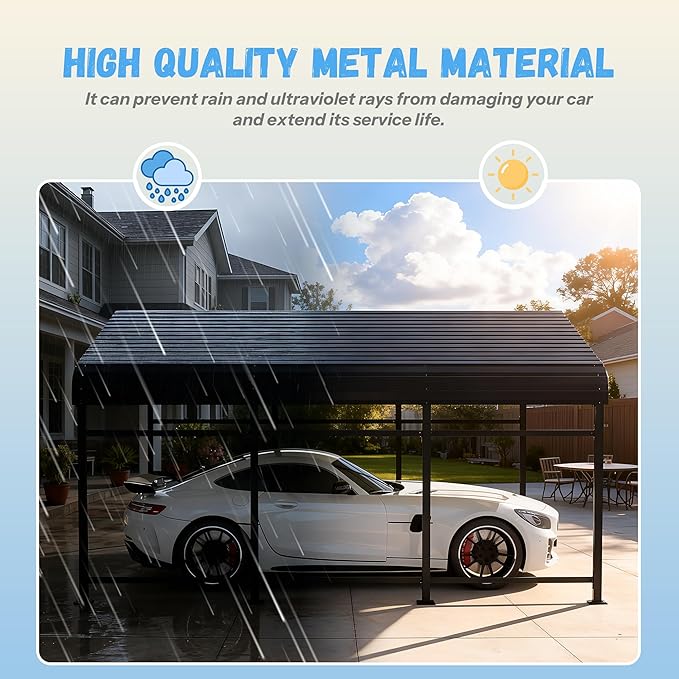Greesum 10x15FT Metal Carport with Heavy Duty Frame and Galvanized Steel Roof, Round Carports with Side Support Rods, Canopy Shelter for Car, Pickup Trucks, Boats and Tractors, Party, Gray
